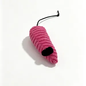 Pink corduroy plush cat mouse toy detail view, soft material and cute design for pets.
