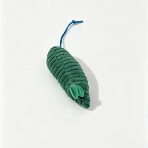 Green corduroy cat toy mouse with blue string tail, soft plush pet teething interactive toy.