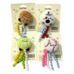 Cute plush cat toy set featuring sports ball designs with colorful curly ribbons for pets.