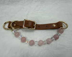 Huisdier kristal kralen katten halsband, luxe rozenkwarts en kristal details met leer.
