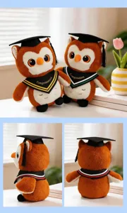 Details of cute graduation owl plush toy wearing a mortarboard hat and graduation stole.