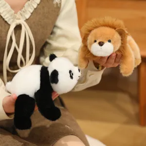 Cute plush panda and lion toys held in hands, soft stuffed animal companion dolls for kids.
