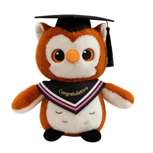 Graduation owl plush toy, cute stuffed animal with mortarboard hat and graduation stole.