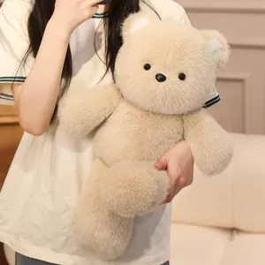 Cute beige teddy bear plush toy, soft stuffed animal doll for kids and girls, hugging comfort.