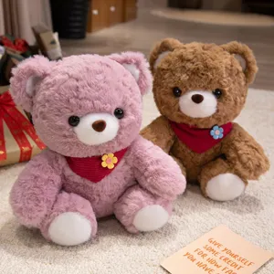 Cute plush teddy bear toy set, soft stuffed animal doll with cute scarf and flower decor for kids.