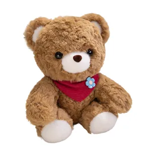 Cute brown plush teddy bear stuffed animal with red scarf and flower for kids soothing toy