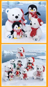 Adorables peluches d'ours polaire et pingouin avec écharpe rouge, jouets doux pour enfants, super cadeau.