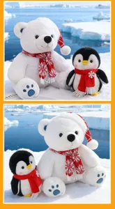 Adorable ensemble de peluches ours polaire et pingouin avec écharpes de Noël rouges, douces poupées.