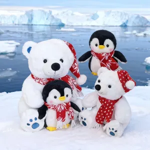 Joli ensemble de peluches ours polaire et pingouin avec écharpes, doudous doux pour enfants.