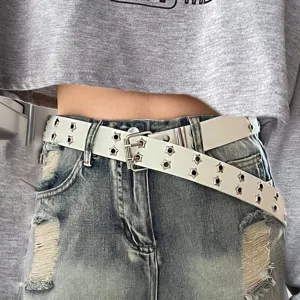 Unisex PU Leather Wide Belt With Star Metal Eyelets Double Prong Buckle Y2K Punk Style Jeans Waist Belt For Women Men