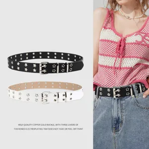 Y2K punk style star studded double buckle wide belt for women and men, black and white options.
