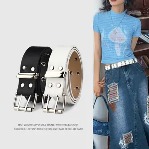 Y2K star studded thick leather belt for women and men, stylish casual jean belt in white.