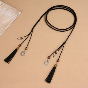 Bohemian braided waist belt for women, chic tassel rope belt and dress chain accessory.