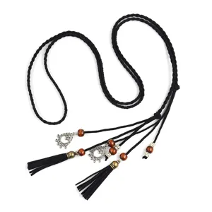 Boho ethnic style handmade braided waist belt with wooden beads and tassels for women dress.