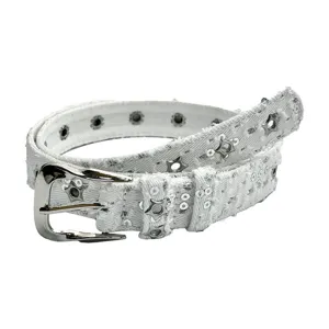 White denim belt for women with star rivets, sequins, and metallic pin buckle main view.