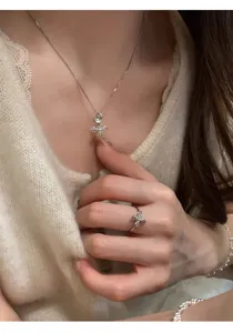 Silver-tone vajra pendant necklace and ring set, sweet cool style, perfect for daily wear.
