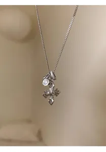 Silver cross pendant necklace, gothic style multi-charm clavicle chain for women.
