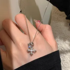 Chinese Style Vajra Pestle Cross Multi Pendant Necklace Alloy Rhinestone Electroplated Clavicle Chain Ring Jewelry For Women Party