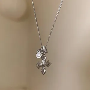 Silver cross multi pendant necklace for women stylish fashion jewelry clavicle chain accessory