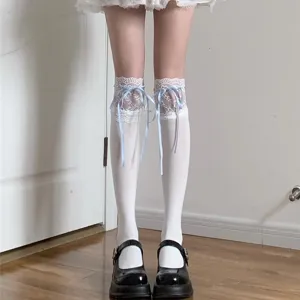 Chaussettes hautes en dentelle blanche avec rubans mignons, style Lolita JK ballet pour femmes.