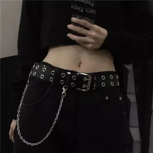 Punk Style PU Leather Belt Women Men Double Grommet Waist Belt with Removable Metal Chain Fashion Streetwear Jeans Belt