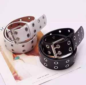Unisex double grommet leather belt punk gothic style waist strap adjustable metal pin buckle