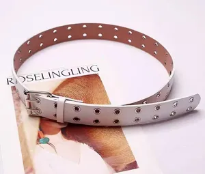 Punk style white double grommet belt, versatile metal eyelet pu leather belt for jeans.