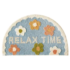 Semi-circle absorbent bathroom floor mat, cute floral design, non-slip plush carpet rug.