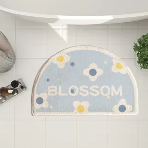 Half circle bath mat with cute daisy floral pattern, soft absorbent anti slip floor rug for bathroom.