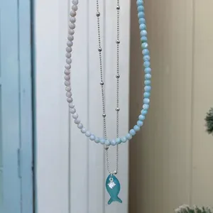 Collier en Strass Poisson Vert Menthe Alliage Chaîne de Clavicule Superposée Boucles d'Oreilles Poisson Bijoux Femme Style Coréen