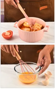 Silicone kitchen utensils set with wooden handle, durable pasta fork and whisk for cooking.