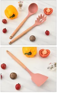 Silicone kitchen utensils set featuring heat-resistant pink spatula, ladle, and pasta spoon.
