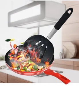 Silicone slotted spatula and non-stick frying pan set for kitchen cooking and frying use.