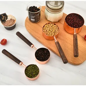 Stainless steel measuring cups and spoons set with walnut wooden handles for baking cooking 4pcs