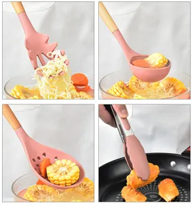 Silicone kitchen utensil set detail showing pink spatula, soup ladle, pasta fork and food tongs.