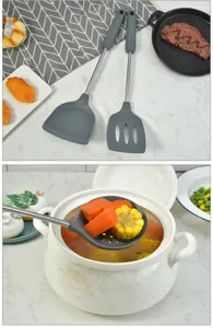 Silicone kitchen utensil details, stainless steel handle spatula and soup spoon for cooking.