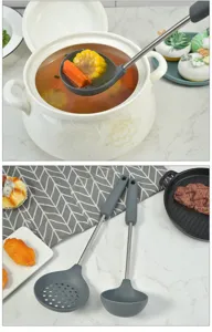 Silicone kitchen utensil set with stainless steel handles, heat-resistant soup ladle and spoon.
