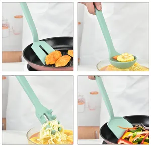 Silicone kitchen utensil detail shot showing cooking usage with food like noodles and soup.