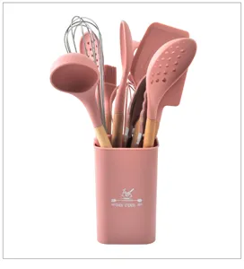 Pink silicone kitchen utensil set with wooden handles, 10-piece cooking tools holder.
