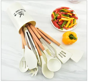 Silikon Küchenutensilien Set 12 Stücke mit Holzgriffen und Aufbewahrungshalter Kochen