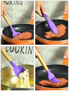 Set utensili cucina silicone manico in legno dettaglio con spatola, pinza, forchetta e pennello.