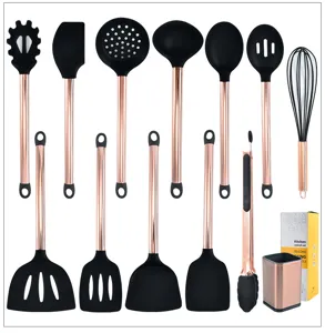 Juego de utensilios de cocina de silicona con mangos de acero inoxidable oro rosa