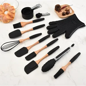 Ensemble d'Ustensiles de Cuisine en Silicone Manche en Bois Outils de Pâtisserie Spatule Fouet Pinceau Pince Résistant à la Chaleur