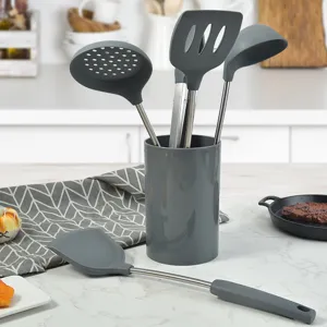 Silicone Kitchen Utensil Set Stainless Steel Handle Cooking Tools Turner Ladle Tongs Storage Holder Kitchen Accessories