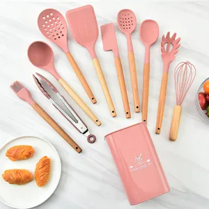 Silicone Kitchen Utensils Wooden Handle Heat Resistant Cooking Tools Spatula Soup Ladle Whisk With Storage Holder