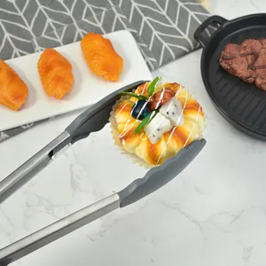 Stainless steel kitchen food tongs with silicone grips for cooking, baking, and BBQ serving.