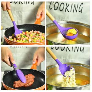 Set di utensili da cucina in silicone con manici in legno, resistenti al calore spatola.