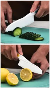 Children safety plastic knife serrated fruit knife detail showing cutting cucumber and lemon.