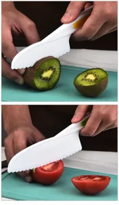 Children plastic fruit knife kitchen safety serrated cake bread cutter detail view safe