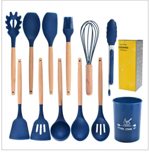 Set di 12 utensili da cucina in silicone manico in legno antiaderente con secchio